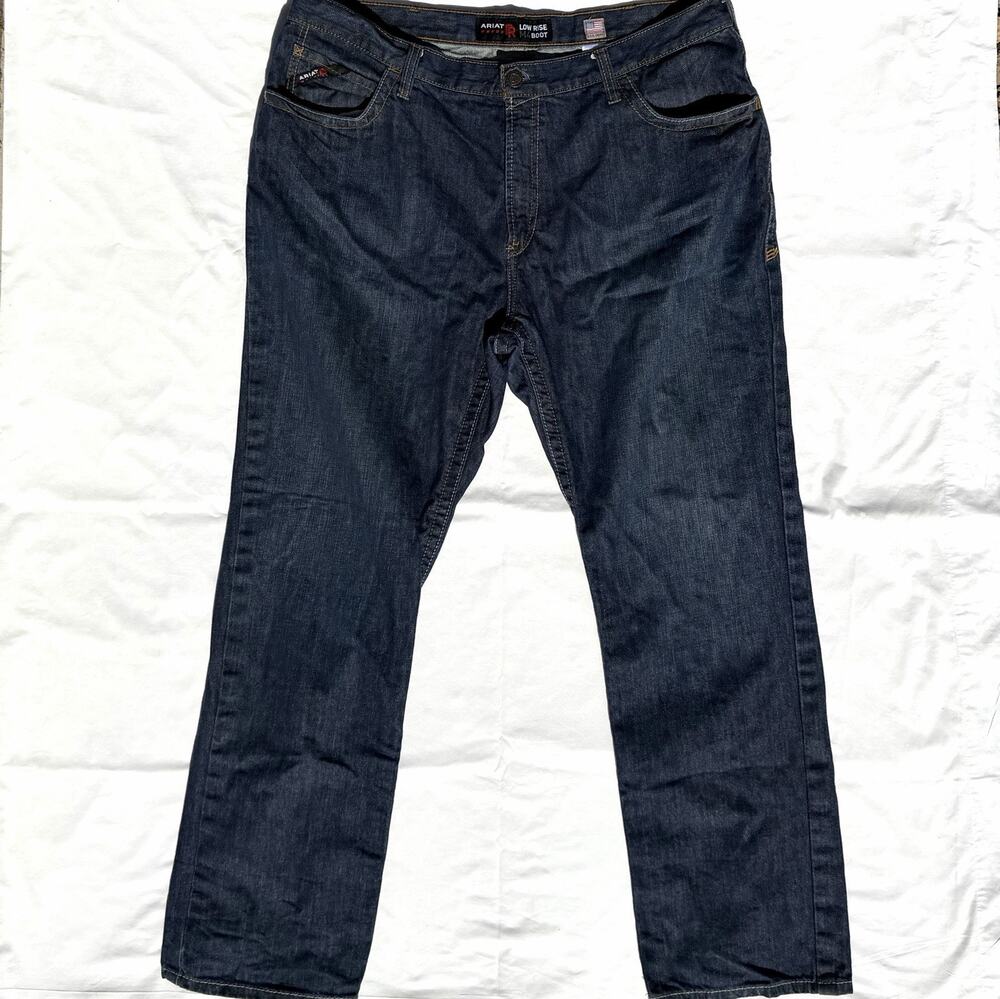 Ariat FR Flame Redistant M4 Low Rise Boot Jeans Mens 42X34 Dark Blue Wash